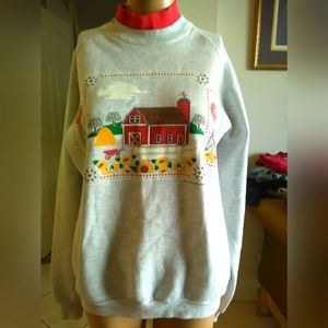 VINTAGE SWEATSHIRT SZ. LG BY JERZEES BARN / FARM-LIFE RED COLLAR GREY COLOR